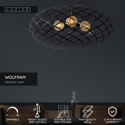 Lucide WOLFRAM - Pendant light - Ø 100 cm - 3xE27 - Suitable for double-height spaces and high ceiling - Black